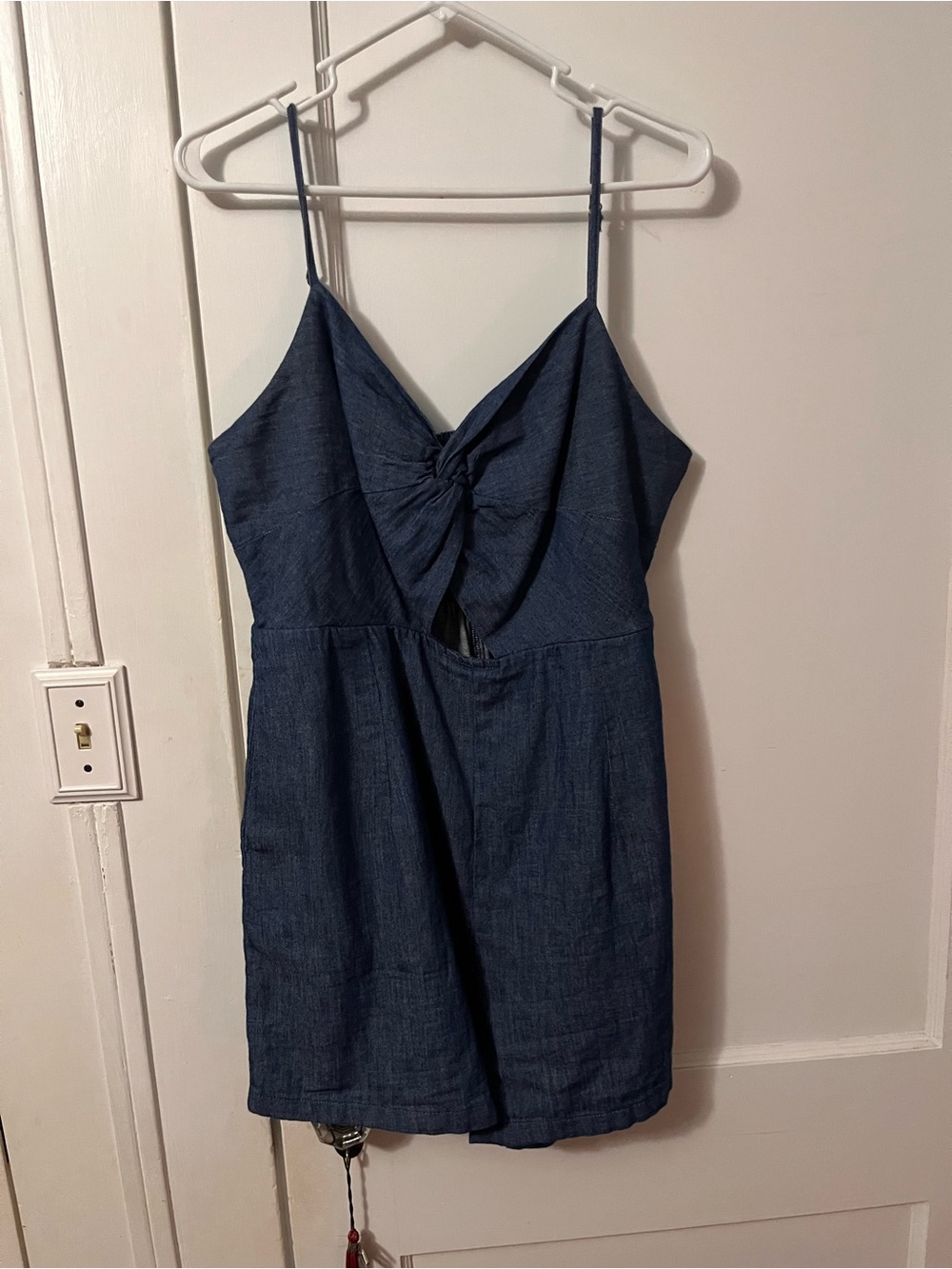 Spaghetti Strap Tie-Front Chambray Romper in Denim Blue